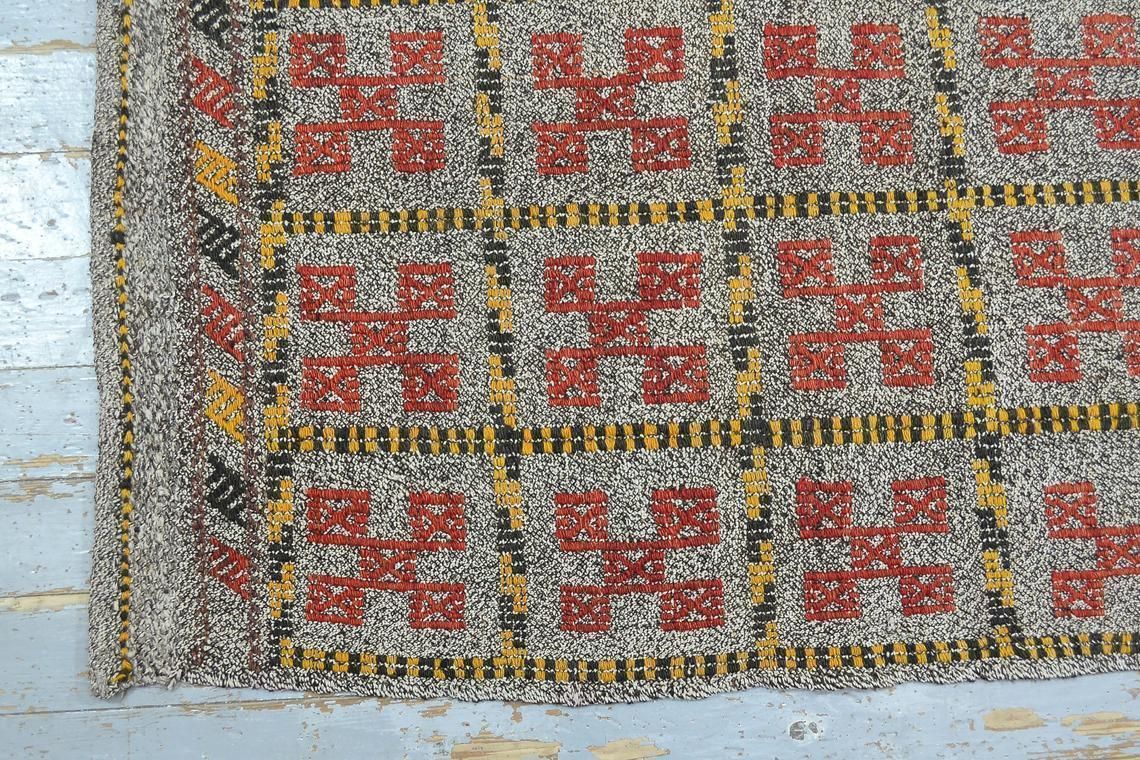 5.5x8.1 Vintage Check Rainbow Kilim Area Rug, Turkish Rug, Teppich Oushak Rug, Decor Kilim Rug, Wool Beige Red Yellow Motifs Gray Ikat Rug photo Textiles