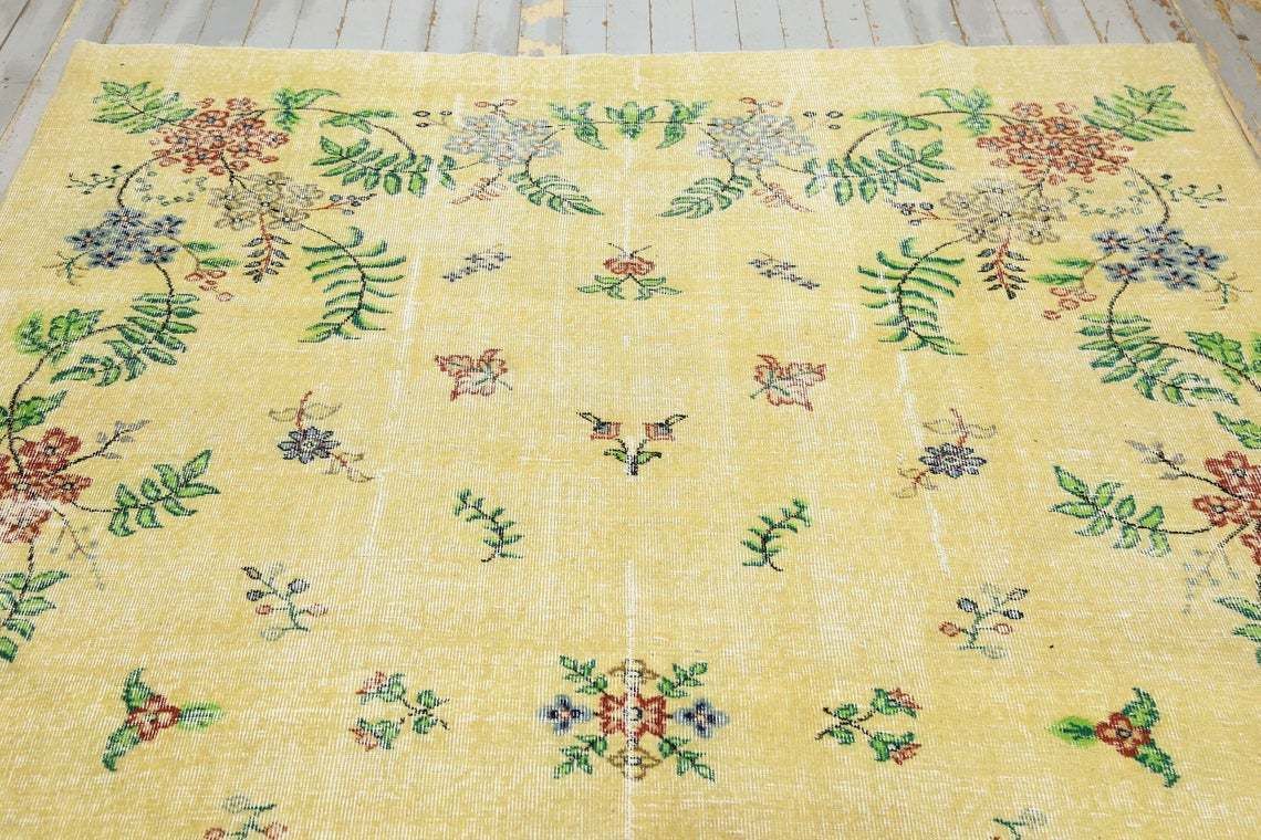Yellow Rug, Turkish Rug, Vintage Rug, Oushak Rug, Bohemian Rug, Wool On Cotton Floral Rug, Home Decor, Yellow Beige Rugs photo 558.0