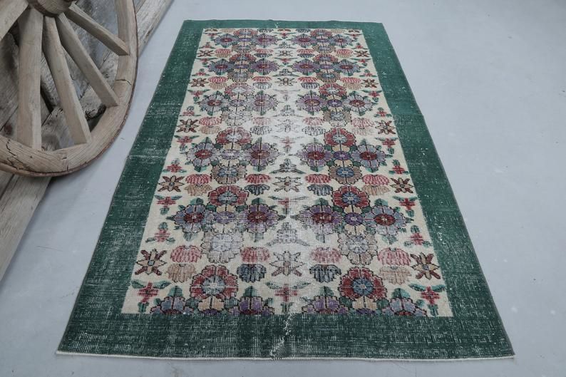 Distressed Green Floral Vintage Rug, Turkish Over Dyed Area Rug, Double Knot, Perfect Condition, Wool On Cotton Foundation Floor