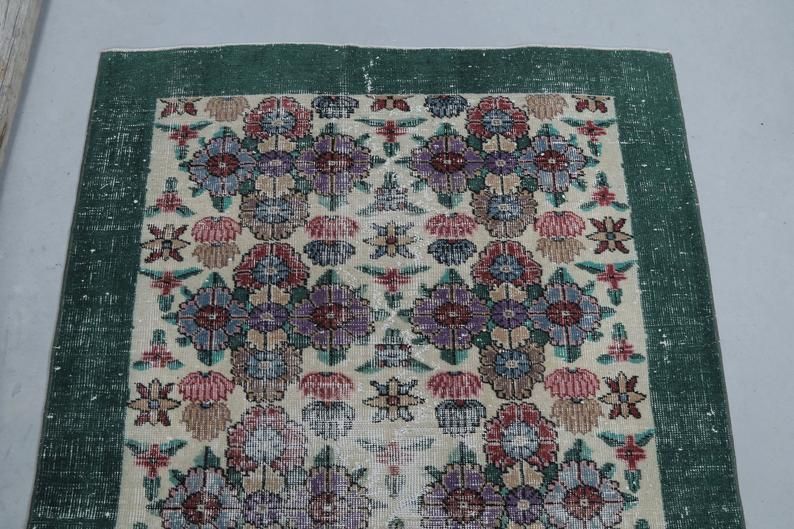 Distressed Green Floral Vintage Rug, Turkish Over Dyed Area Rug, Double Knot, Perfect Condition, Wool On Cotton Foundation Floor photo vinterior