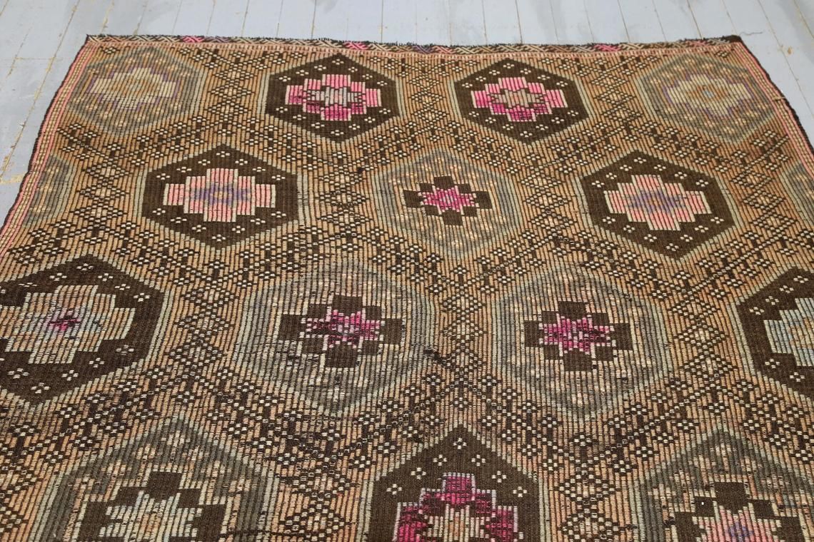 5.8x9.2, Bohemian Turkish Rug, Pink, Beige Pastel, Area Rug, Medallion Rugs, Kilims, Flat Weave Rug, Handmade, Vintage Oushak Rug Floral, photo Textiles