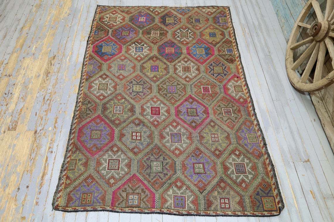 6x9 Antique Kilim, 5.9x9.4. Flat Weave Rugs, Turkish Vintage Oushak Rug, Home Decor, Pastel Beige Red, Green Red Pink, Luxury Area Rug
