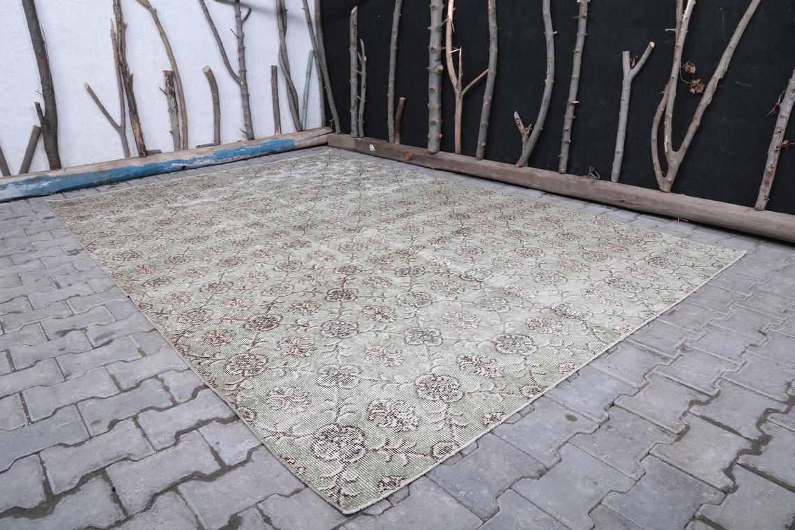 6.7x9.9 Ft, Hidden Garden Design, Vintage Rug, Turkish Rug, Area Rug, Handmade Rug, Oushak Rug, Wool, Distressed Rug, Living Room Rug, Faded photo for sale