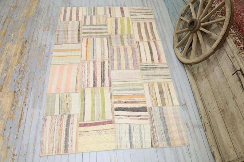 Turkish Rug, Vintage Boho Chic, Area Rug, Oushak Rug, Cotton Rag Rug, Home Decor Rug, Carpet, Oriental Rug, Beige, Neutral Faded