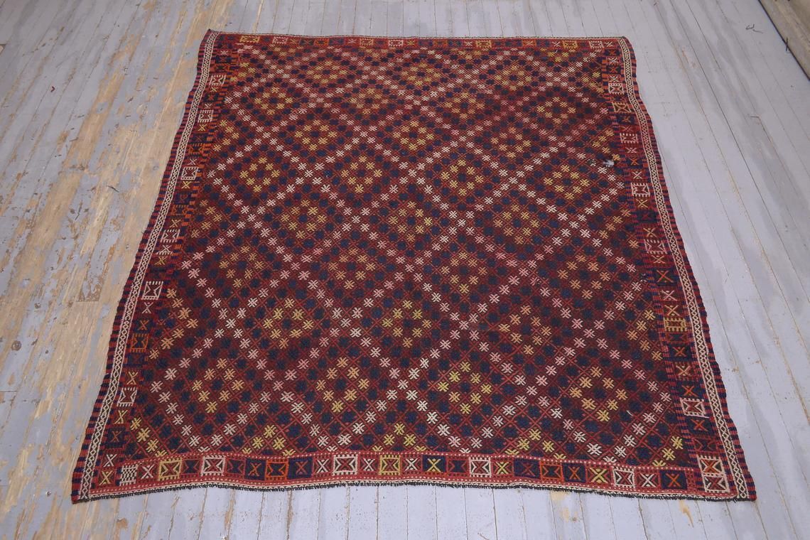 Flatweave Rug 7x8.1 Area Rug, Turkish Wool Rug, Handmade Vintage Rug, Red Blue Rug, Bohemian Rug, Traditional Rug, Flat Weave, Rugs