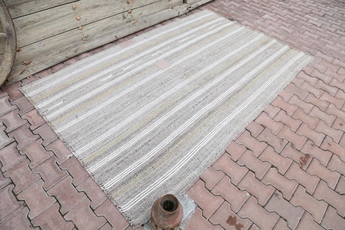 5.2x8.4, Flatweave Rug, Kilim, Area Rug, Flatweave, Turkish Gray Grey Handwoven Rug, Modern Striped Rug, Wool Rug, White Striped,Alfombra photo furniture