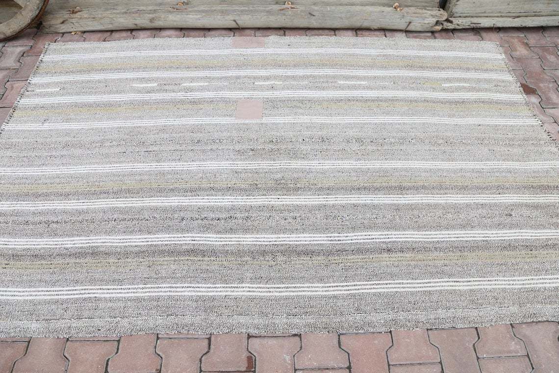 5.2x8.4, Flatweave Rug, Kilim, Area Rug, Flatweave, Turkish Gray Grey Handwoven Rug, Modern Striped Rug, Wool Rug, White Striped,Alfombra photo for sale