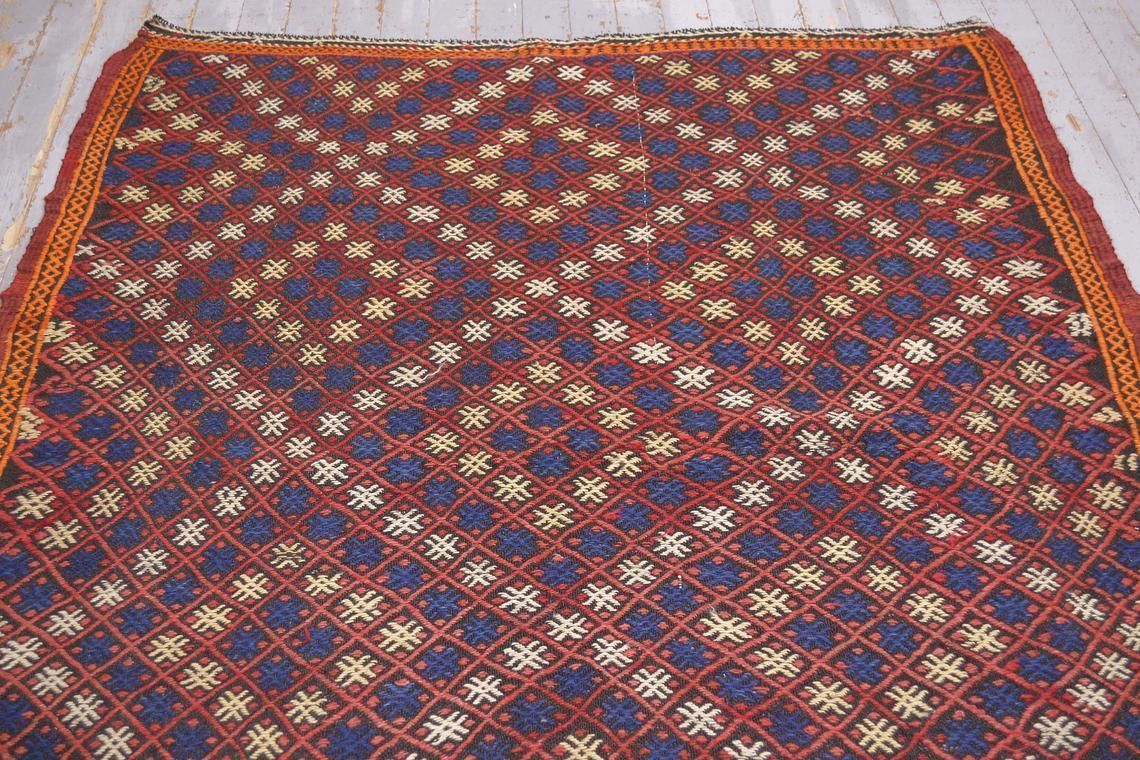 5.3x7, Turkish Flatweave Red And Blue Rug, Vintage Kilim, Oushak Kelim, Handmade, Area Rug, Farmhouse Decor, Turkish Rug, Diamond Hashtag # photo for sale