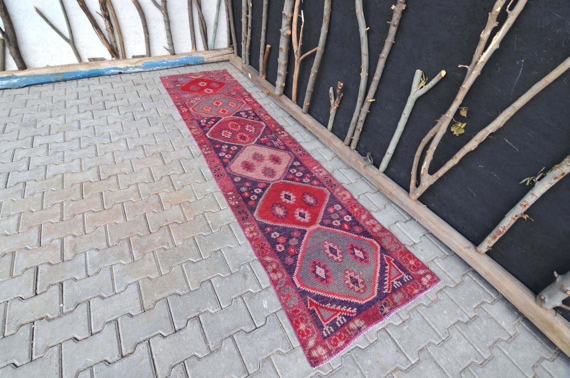 2.6x10.1 Ft, Kurdish Runner, Vintage Runner, Herki, Hand Knotted, Wool, Runner Rug, Turkish Rug, Hallway Runner, Home Decor, Hot Pink, Rugs photo furniture