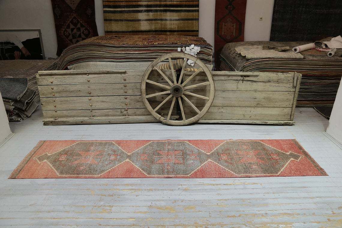 Turkish Vintage Runner, Oushak Rug, Home Decor, Turkish Rug, Wool Rug, Rug Runner, Faded Red Brown Runner, Boho Rug, Rugs photo for sale