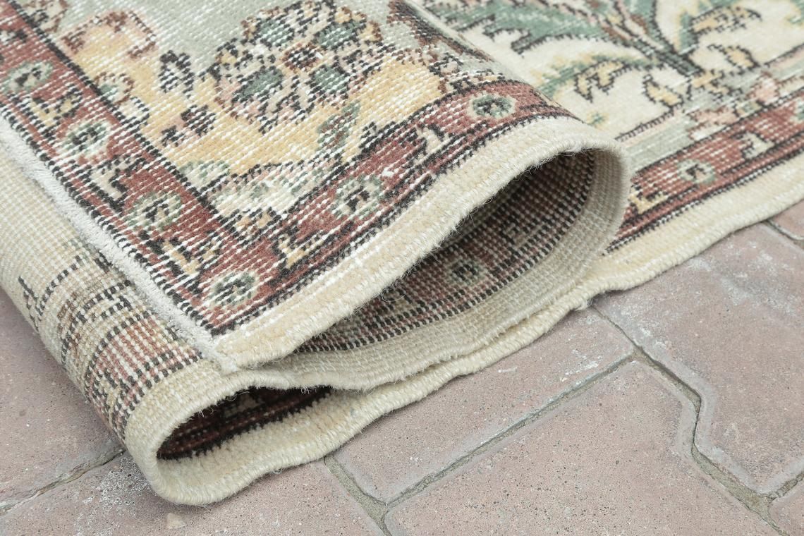 photo for sale Vintage Turkish Oushak Runner, Distressed, Hallway Runner, Wool, Handwoven, Floral, Oriental, Beige Oriental Small Area Rug, Low Pile