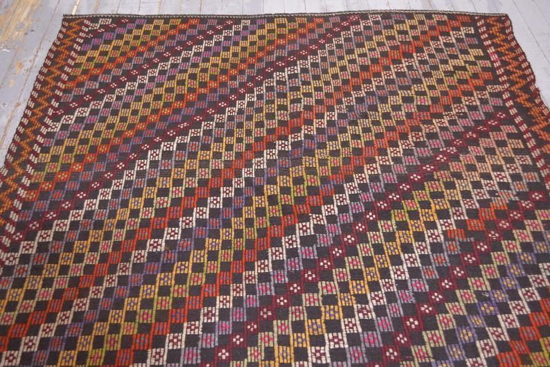 Flatweave Turkish Rug, Kilim Turkish Kelim Handwoven Geometric, Farmhouse Decor Area Rug, Red Beige Brown Squared Checkered Boho Chic photo furniture