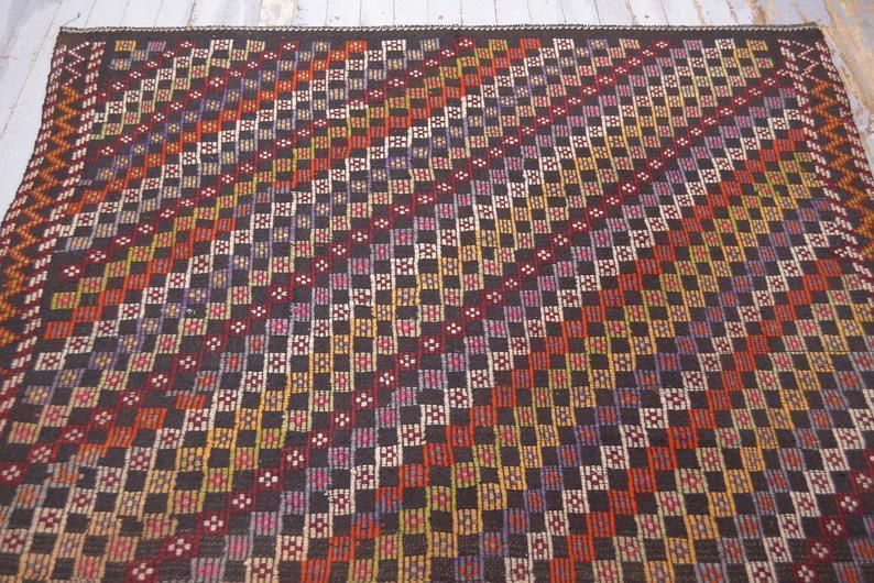 Flatweave Turkish Rug, Kilim Turkish Kelim Handwoven Geometric, Farmhouse Decor Area Rug, Red Beige Brown Squared Checkered Boho Chic photo for sale