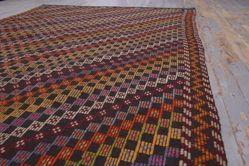 Flatweave Turkish Rug, Kilim Turkish Kelim Handwoven Geometric, Farmhouse Decor Area Rug, Red Beige Brown Squared Checkered Boho Chic photo 340.0