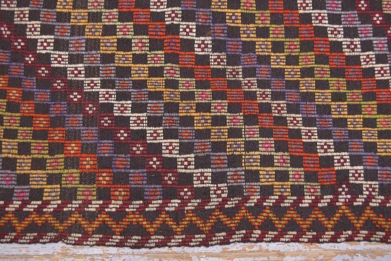 Flatweave Turkish Rug, Kilim Turkish Kelim Handwoven Geometric, Farmhouse Decor Area Rug, Red Beige Brown Squared Checkered Boho Chic photo vintage