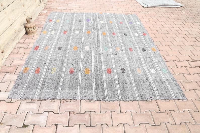 6x8 Kilim Flatweave Stripped Turkish Rug, Oushak Rug, Vintage Rug, Gray Rug, Bohemian Rug, Area Rug, Rug, Carpet, Modern Stripe 6.3x8.2