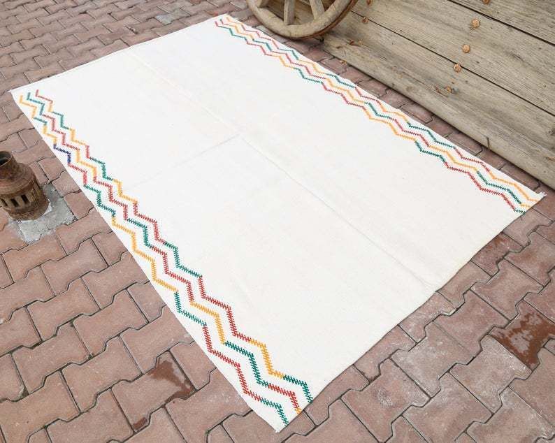 4.6x7.2, Kilim Rug, Flatweave, Turkish Rug, White, Flat Weave, Turkey Rug, Colorful Zig Zag Lines, Weave, Hand Woven, Han Spun Wool, Cotton photo furniture