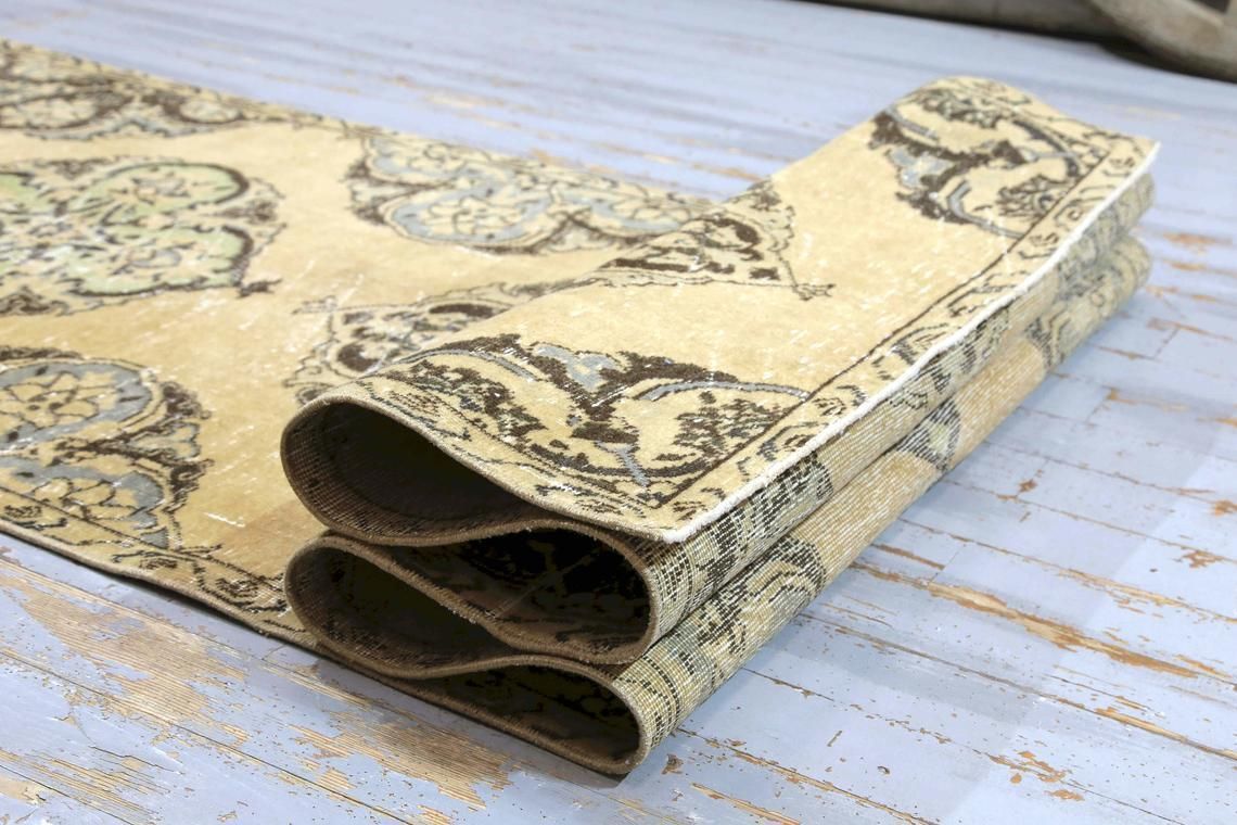 photo furniture Hallway Turkish Runner, Oriental Vintage Faded Orange, Natural Beige, Wool, Handmade, Oushak Bohemian Runner, Wide Neutral Beige