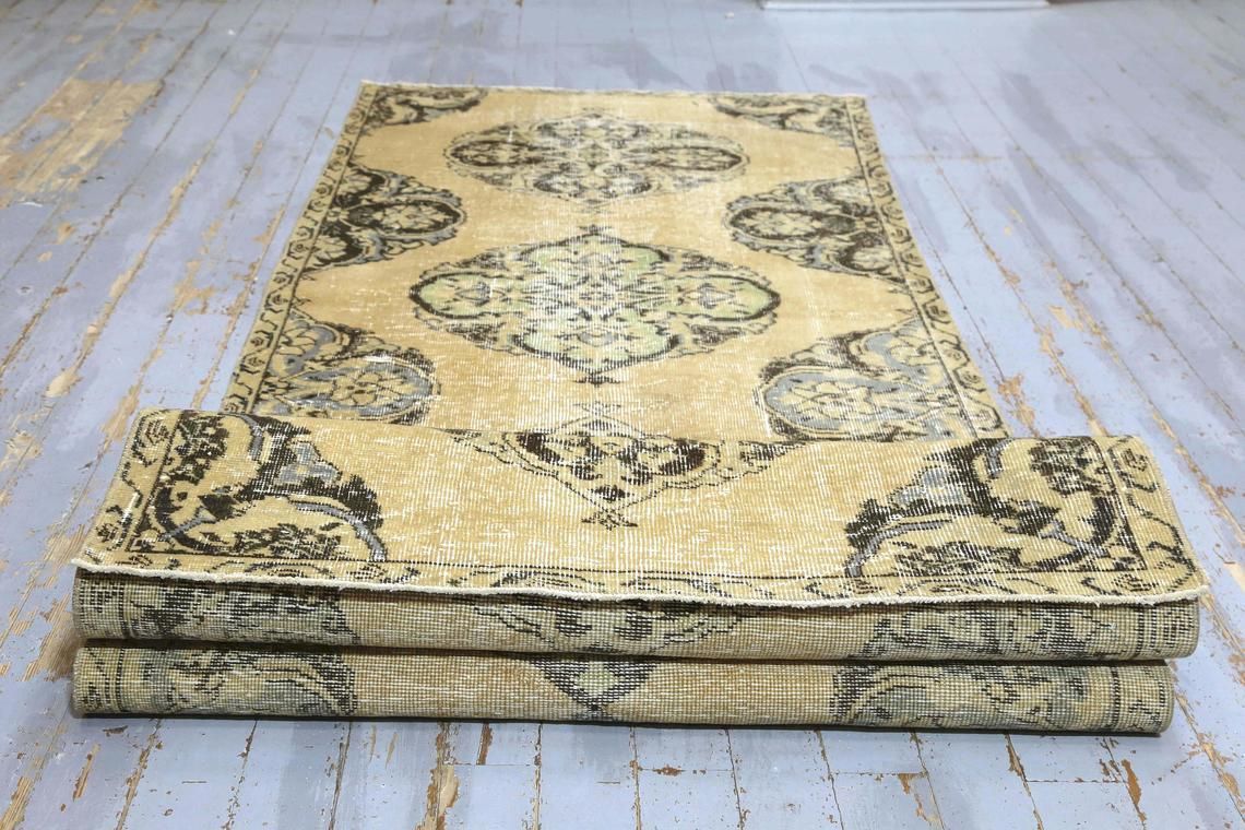 photo for sale Hallway Turkish Runner, Oriental Vintage Faded Orange, Natural Beige, Wool, Handmade, Oushak Bohemian Runner, Wide Neutral Beige