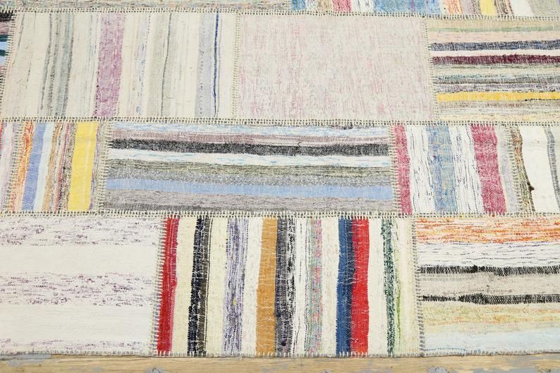 83x113, Kilim, Tribal Flatweave Area Rug, Turkish Handwoven White Beige Ivory Neutral, Stripe Patch Geometric Modern Natural Boho Chic photo buy