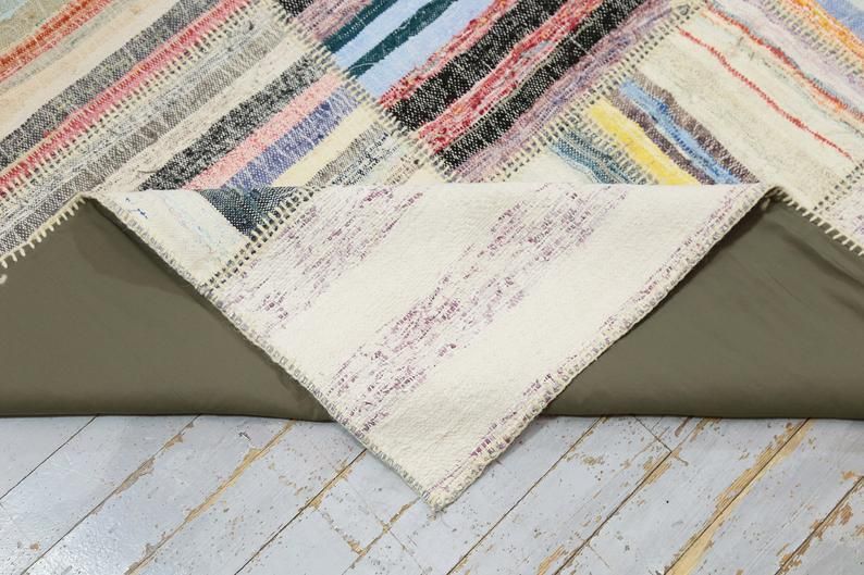 photo for sale 83x113, Kilim, Tribal Flatweave Area Rug, Turkish Handwoven White Beige Ivory Neutral, Stripe Patch Geometric Modern Natural Boho Chic