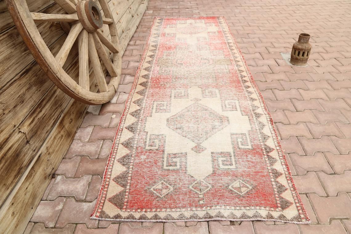 Hallway Turkish Runner, Geometric Vintage Wool, Handmade, Oushak Bohemian Faded Red, Distressed Triangle Border Beige Brown Rug