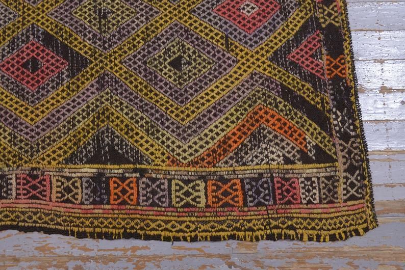 5.3 X7.7, Turkish Kilim Flatweave Area Rug, Vintage Kilim, Oushak Diamond Handmade, Boho Chic, Yellow Farmhouse Decor, Turkish Rug, Kelim photo vintage