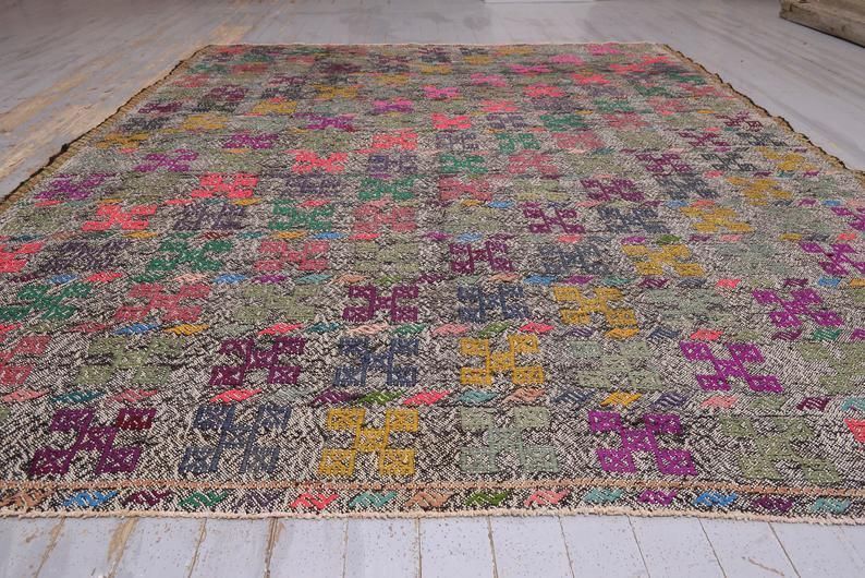6.8x8.9, Turkish Kilim, Flatweave Rug, Vintage Kilim, Oushak Kilim, Wool, Famrhouse Area Rug, Grey Floor Decor, Turkish Rug, Kilim Rug, Gray photo furniture
