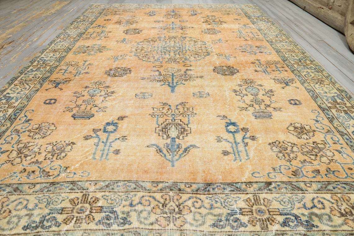 Turkish Rug, Bohemian Rug, Oushak Antique Orange Faded Teal Motif Rug, Area Rug, Oriental, Carpet, Rare, Rugs, Antique, Unique 6.3x9.3