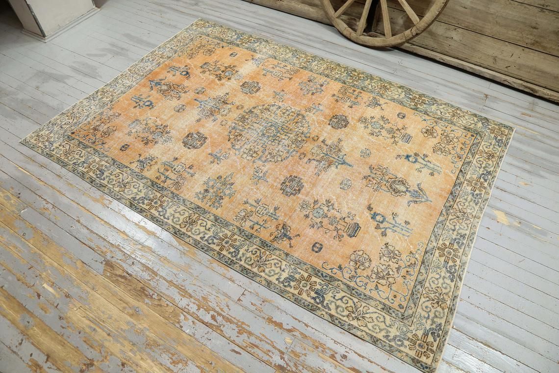 Turkish Rug, Bohemian Rug, Oushak Antique Orange Faded Teal Motif Rug, Area Rug, Oriental, Carpet, Rare, Rugs, Antique, Unique 6.3x9.3 photo for sale