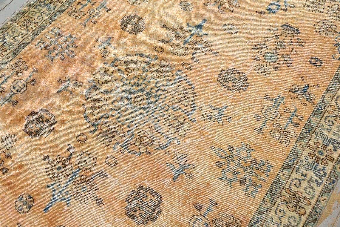 Turkish Rug, Bohemian Rug, Oushak Antique Orange Faded Teal Motif Rug, Area Rug, Oriental, Carpet, Rare, Rugs, Antique, Unique 6.3x9.3 photo Textiles