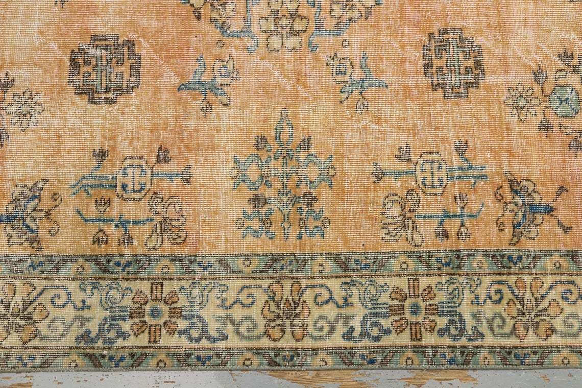 Turkish Rug, Bohemian Rug, Oushak Antique Orange Faded Teal Motif Rug, Area Rug, Oriental, Carpet, Rare, Rugs, Antique, Unique 6.3x9.3 photo buy
