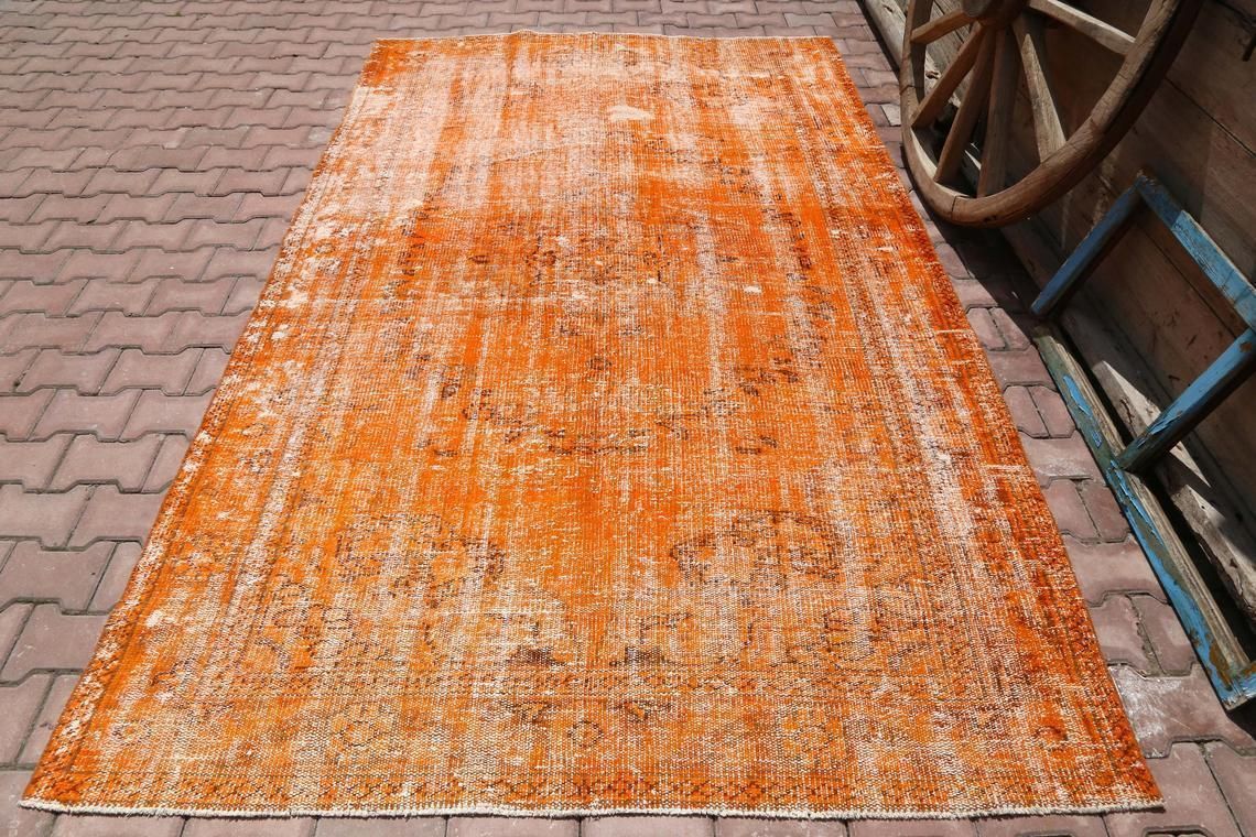 6x9 Turkish Rug, Area Rug, Wool Rug, Oushak Rug, Antique Rug, Oriental, Orange Faded Rugs Teppich Modern Art Deco, Living Room Rug 5.8x9.6