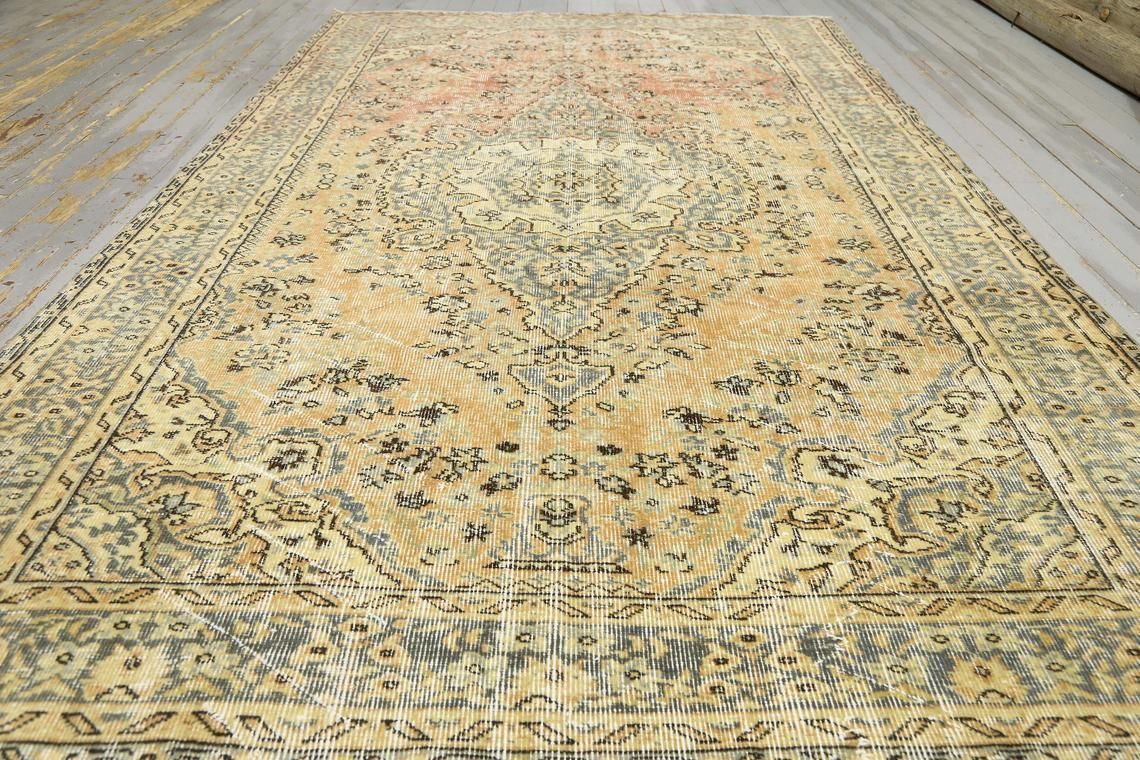 Turkish Vintage Rug, Oushak Rug, Bohemian Wool Rug, Cotton Rug, Oriental Rug, Home Decor, Rug, Carpet, Turkish Rug Faded Yellow photo for sale