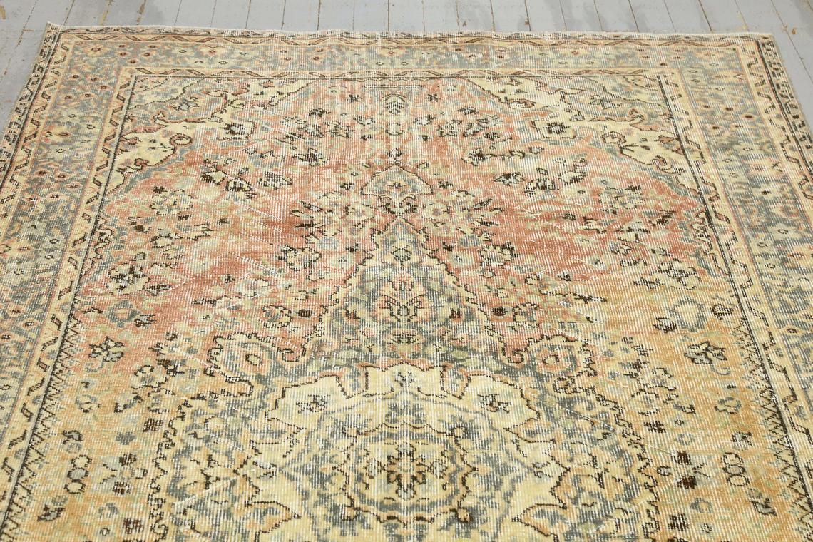 Turkish Vintage Rug, Oushak Rug, Bohemian Wool Rug, Cotton Rug, Oriental Rug, Home Decor, Rug, Carpet, Turkish Rug Faded Yellow photo Textiles