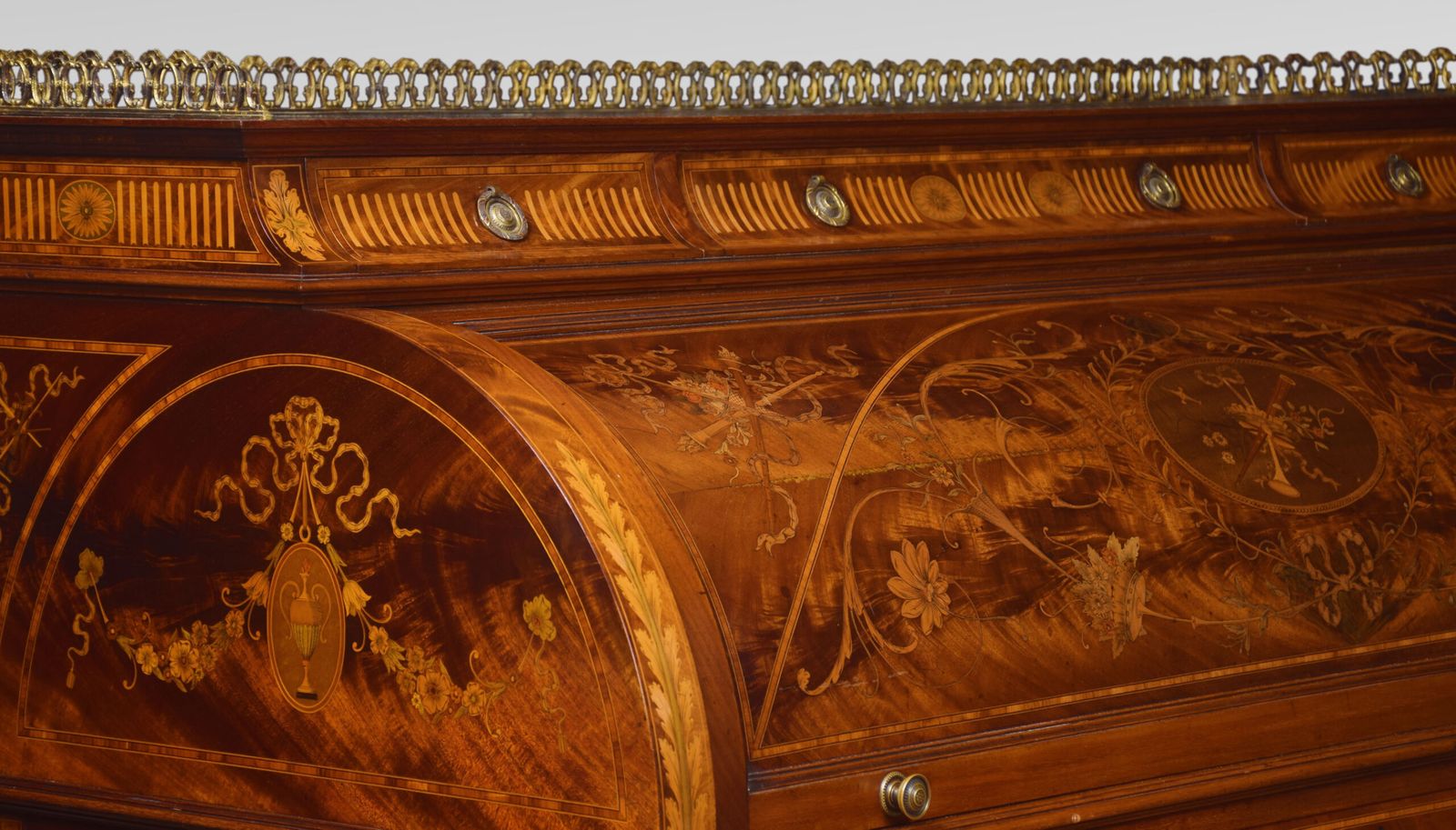 photo furniture Substantial Sheraton Revival Marquetry Inlaid Cylinder Bureau