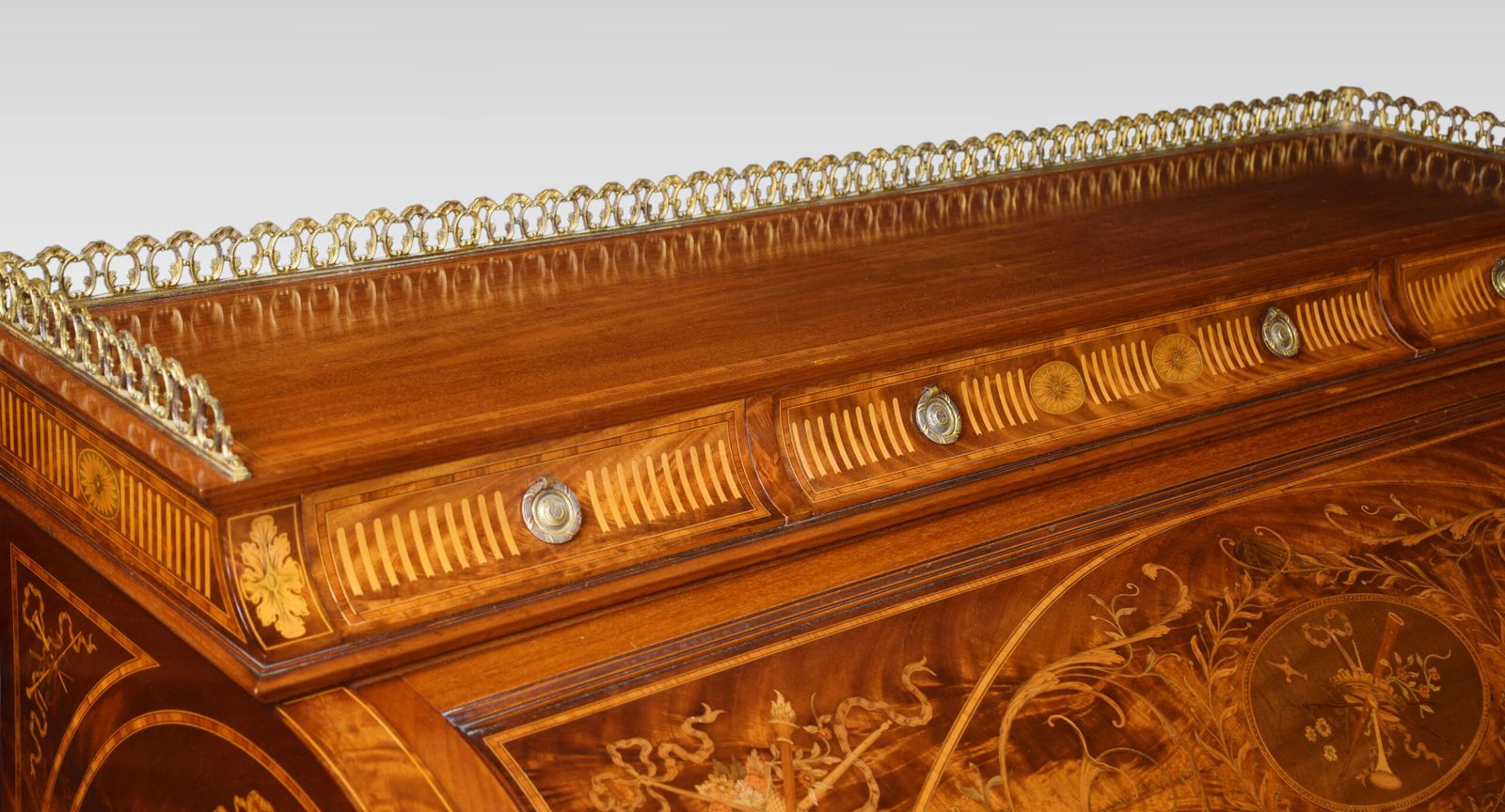 photo buy Substantial Sheraton Revival Marquetry Inlaid Cylinder Bureau