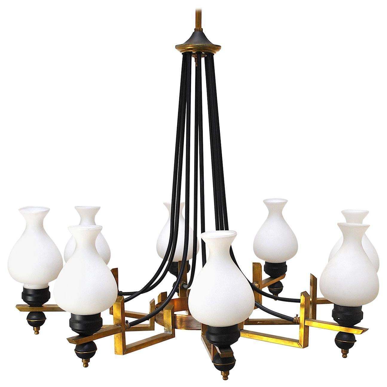 Stilnovo Italian Century Chandelier In Brass And Opaline