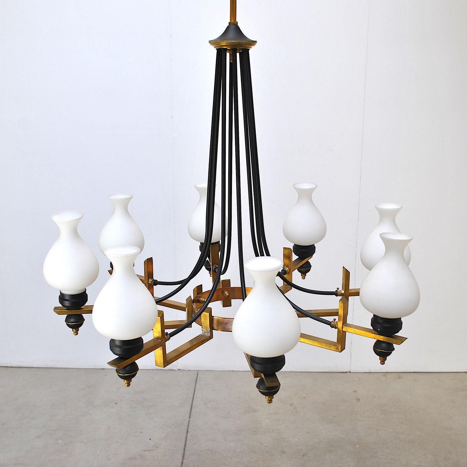 Stilnovo Italian Century Chandelier In Brass And Opaline photo for sale