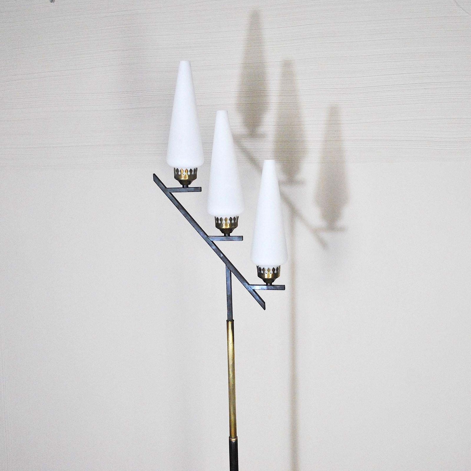 Stilnovo Italian Midcentury Floor Lamp In Brass And Opaline From The 1950s photo for sale