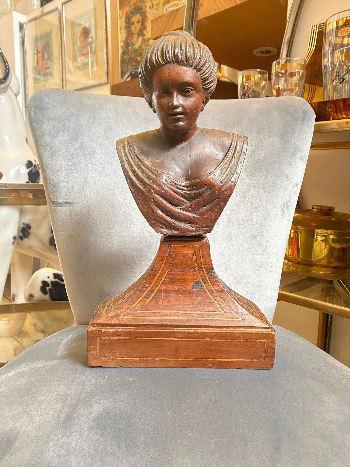 Italian Wooden Sculpture Of A Mid 19th Century Woman's Bust With Purfled Base. photo furniture