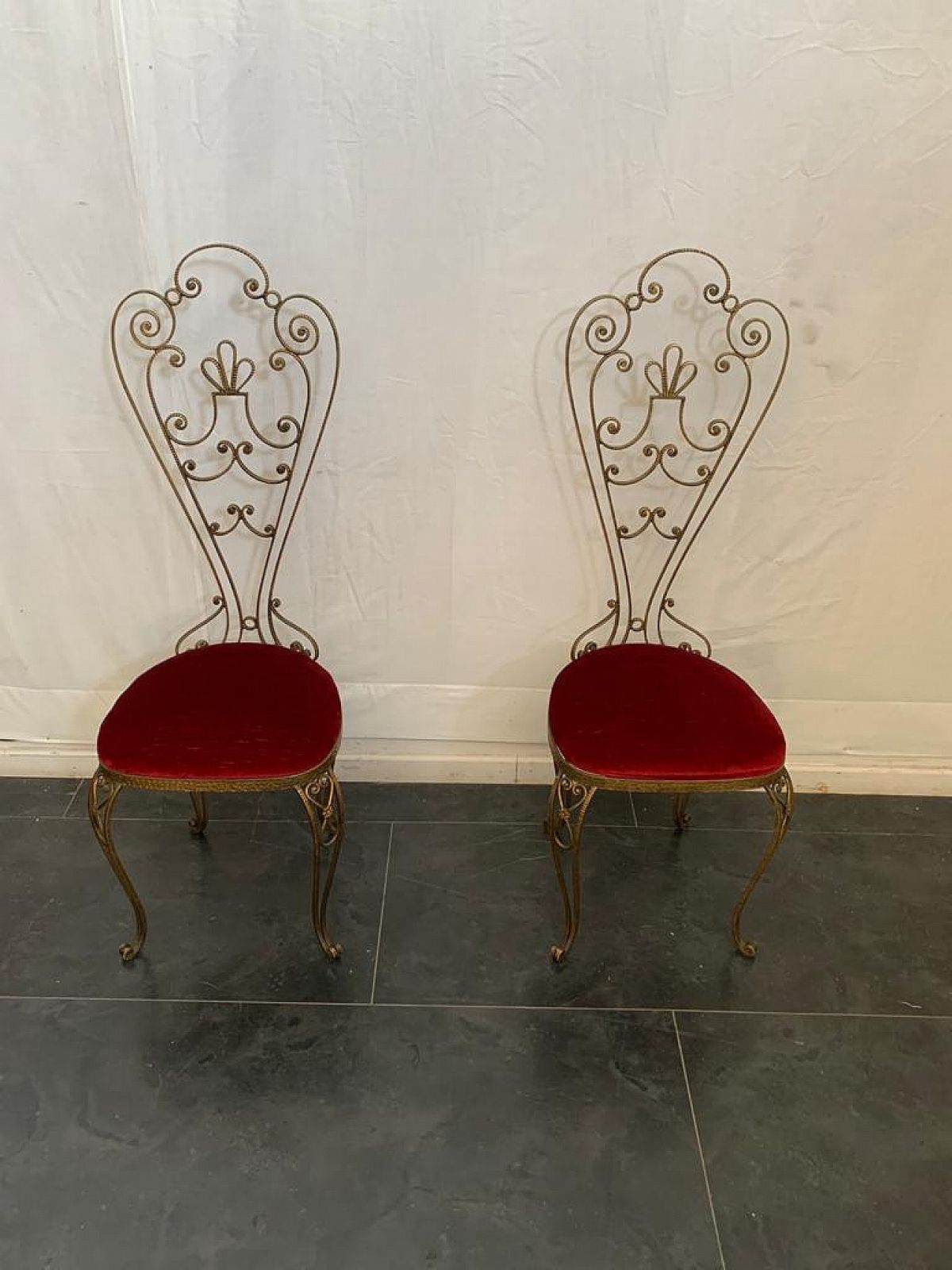 photo vinterior Pair Of Wrought Iron Chairs With High Backrest, 50s