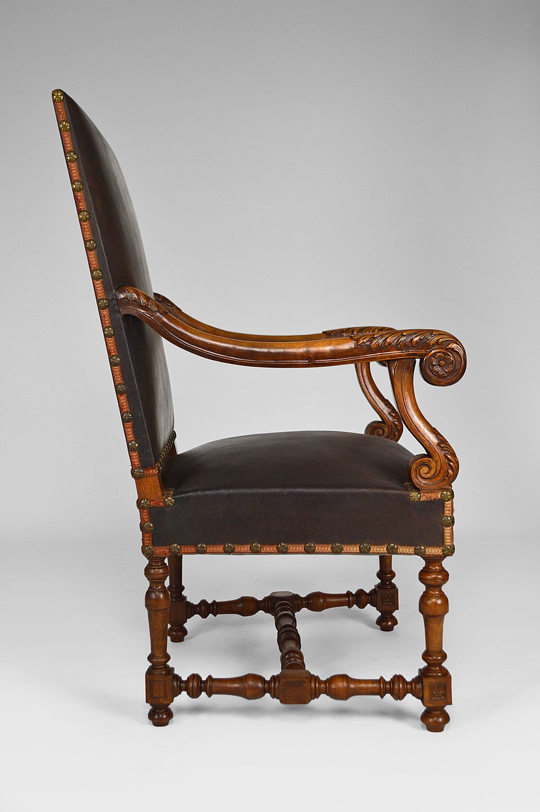 Louis XIII Style Desk Chair In Leather And Carved Walnut, 1860s photo Furniture
