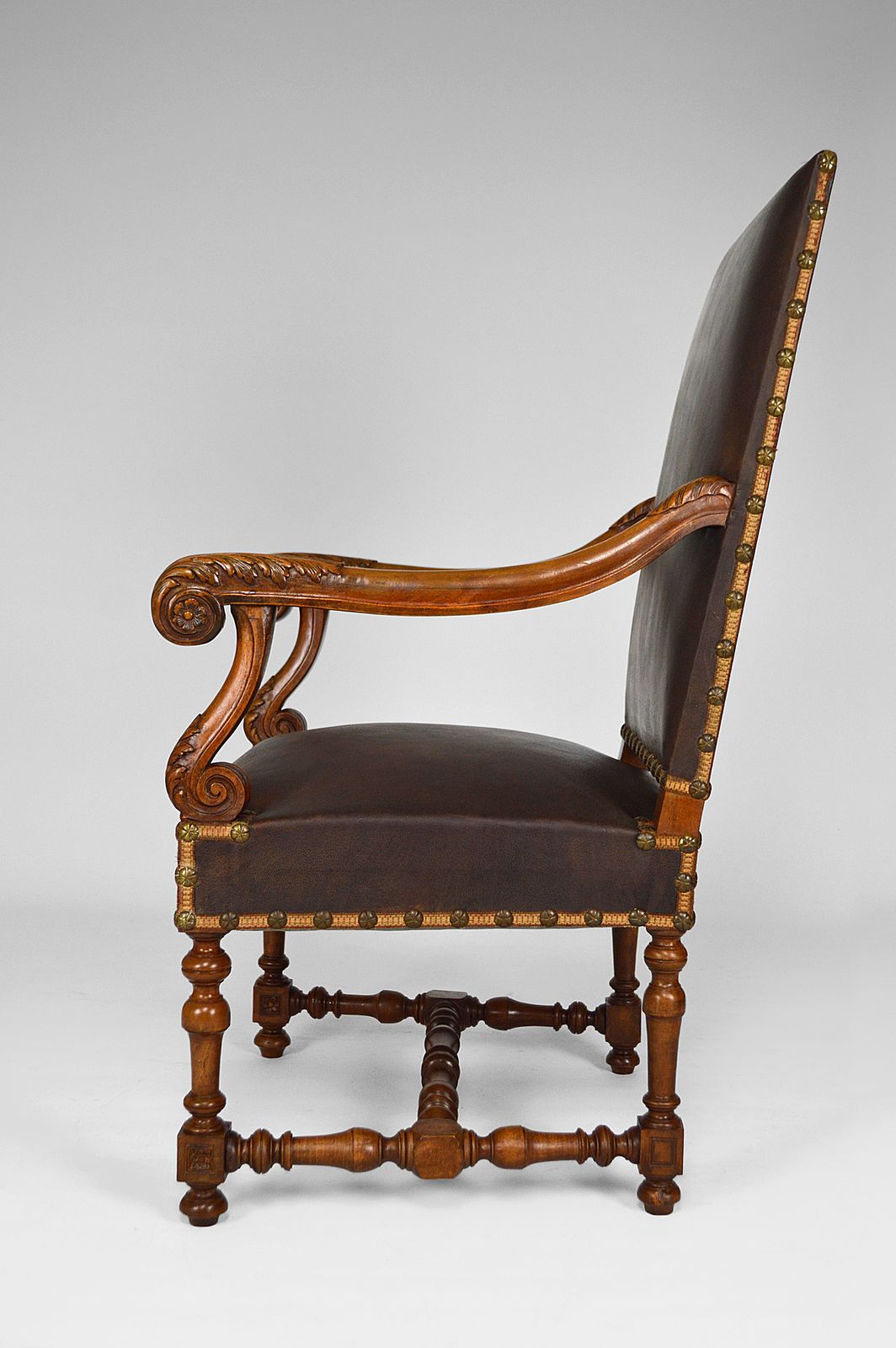 Louis XIII Style Desk Chair In Leather And Carved Walnut, 1860s photo buy