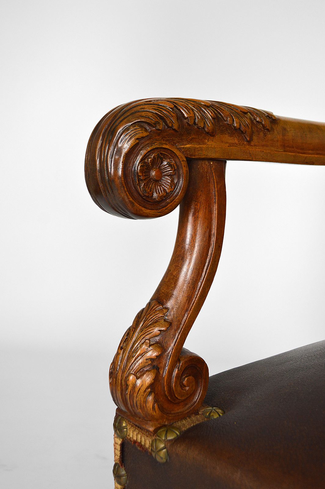2700.0 Louis XIII Style Desk Chair In Leather And Carved Walnut, 1860s photo