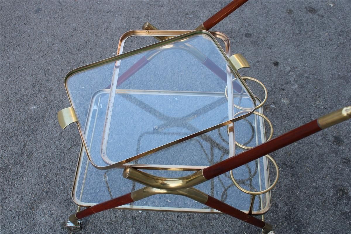 Midcentury Italian Design Bar Cart Wood And Brass Gold Glass Top Removable Tray photo buy