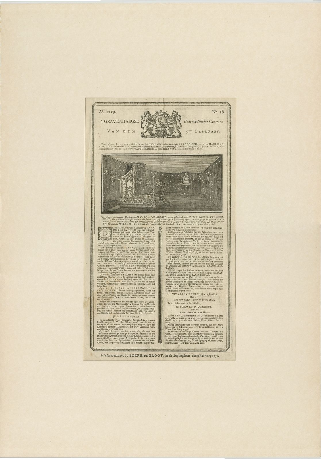 Antique Print Of The Parade Hall And Bed Of Anna Van Hannover (1759)