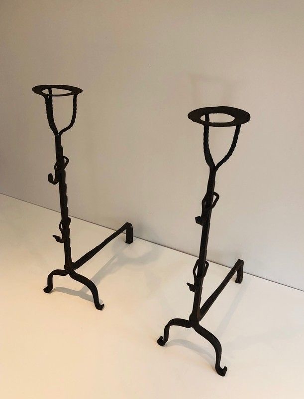 Pair Of Wrought Iron Landiers. French. 17th Century photo furniture