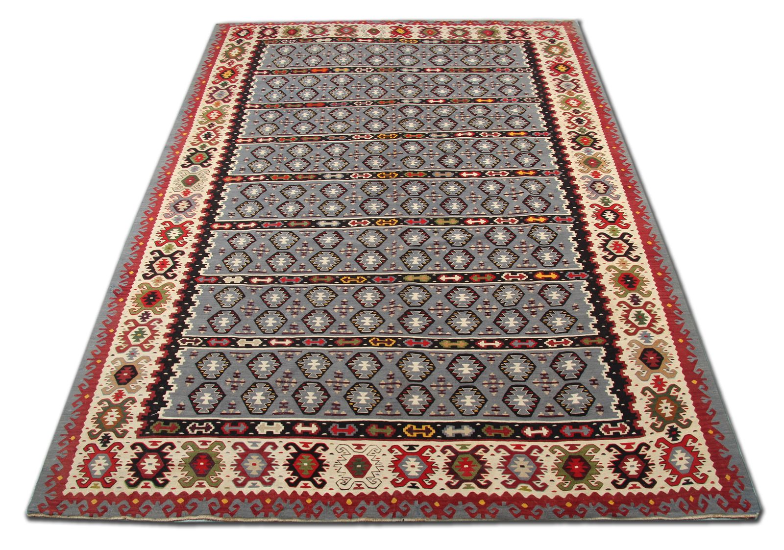 Antique Rugs Blue Carpet, Geometric Striped Serbian Kilim Rug 206 X 270 Cm photo for sale