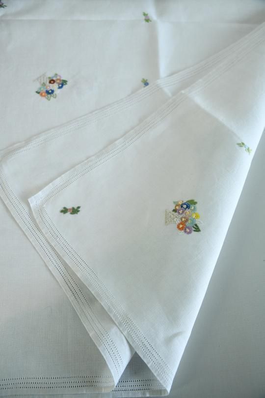 Vintage Square Tablecloth Embroidered Flower Baskets photo vinterior